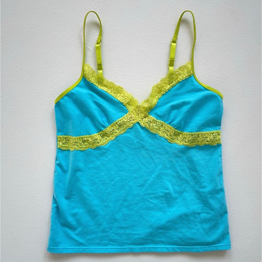 Vtg Y2K Victorias Secret PINK  Blue + Lime Lace Cami Tank / Sz M / Stretchy